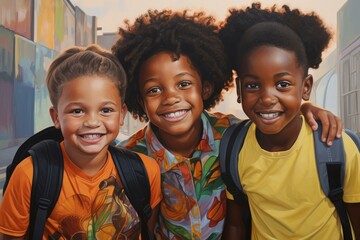 Joyful Smiling afro school children. Ready for school bus. Generate Ai