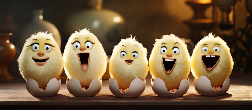A group of cartoon chickens are seated in a row on a table, smiling happily. This entertaining event features cute toys, colorful fur, and artistic photo captions