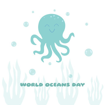World Ocean Day June 8th. Jellyfish, algae, bulbs under water.
Template design for background, design, poster, banner.
Vector eps 10.
