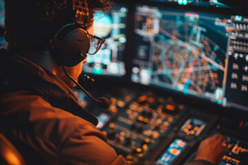 Air traffic controller is focused on navigation system displays, tracking and guiding aircraft from control center. Military dispatcher at work, coordinating aircraft flights - obrazy, fototapety, plakaty