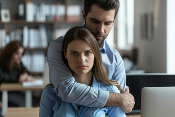 Concept of harassment. Male executive hugs female employee's in an office. Inappropriate behavior in the workplace. Flirting between boss and an employee - obrazy, fototapety, plakaty
