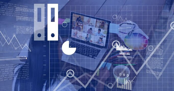 Animation of data processing and diagrams over diverse female teacher and students having video call