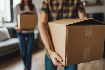 Couple is moving into a new apartment, Person carrying cardboard boxes to unpacking in empty living space
