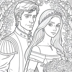 prince and princess, coloring book page, black and white, girl, princess