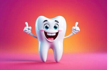 funny cartoon character of white tooth pointing with his fingers. pediatric dentistry, stomatology.