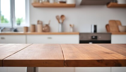 empty clean table in front of kitchen, modern interior design	
