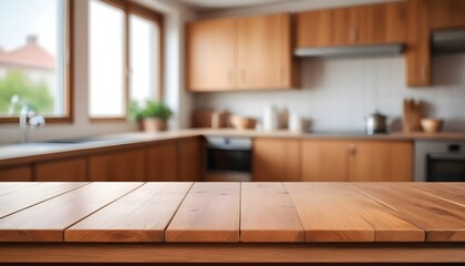 empty clean table in front of kitchen, modern interior design	
