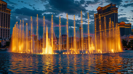 Stunning Fountains show at twilight on the Las Vegas Strip