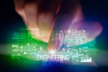 Finger touching tablet with web technology icons concept