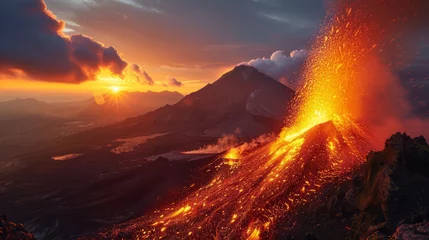 Fotobehang Spectacular volcanic eruption at sunset with fiery lava flows and ash clouds © Robert Kneschke