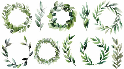 Watercolor olive branches and wreaths artistic set for design and decoration - obrazy, fototapety, plakaty
