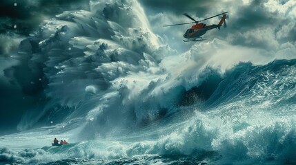 A dramatic scene of a rescue mission at sea, with crashing waves and a helicopter hovering above, ready to save the day.