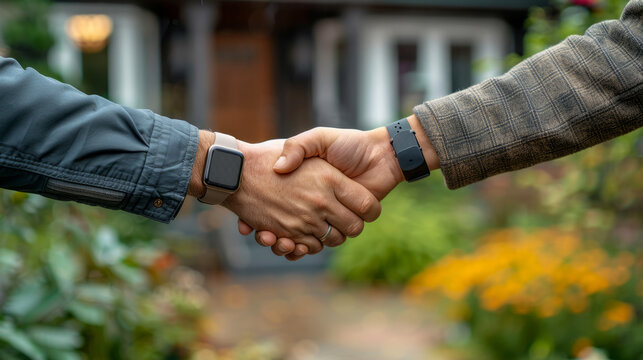 Close-up of handshake in front of house symbolizing property agreement