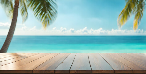 Empty Wooden Table with Sunny Sea