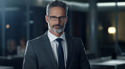 Naklejka premium With an aura of quiet assurance, a seasoned businessman consultant meets the camera's lens, his gaze steady and self-assured, set against a backdrop of polished professionalism