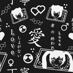 Seamless vector anime pattern, cute and beautiful. Anime girls. Love. Japanese words. For web and business. Abstraction. Symbols of love. Black and white. 