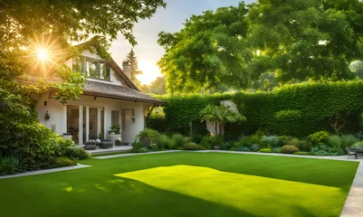 Fototapeten Wide green-trimmed lawn stretches across the backyard © karandaev