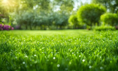 Expansive lawn edged with vibrant green trim leading to a blank area - 756327131