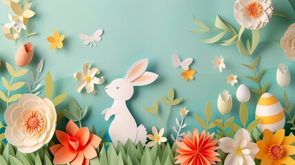 A paper art background for easter with egg and flower rabbit, copy space in the middle, vibrant color palette