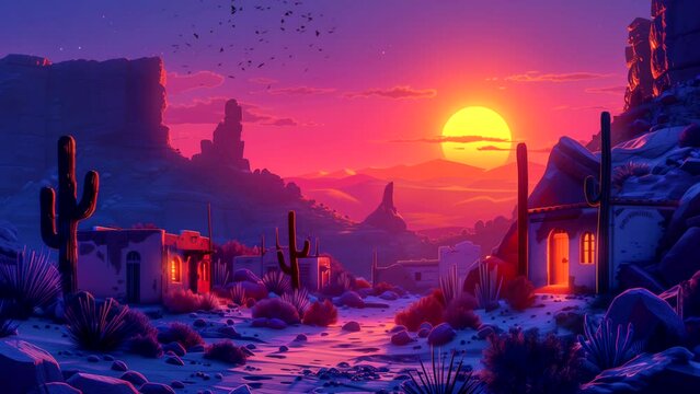 House in desert with sunset view. seamless looping 4k time-lapse animation video background
