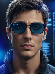 cyberpunk guy with data glasses blue lights - 756327373