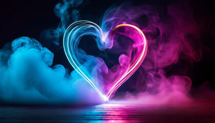 Abstract heart-shape with smoke and neon glowing. Futuristic fog dark. Love, Valentine's Day, romantic