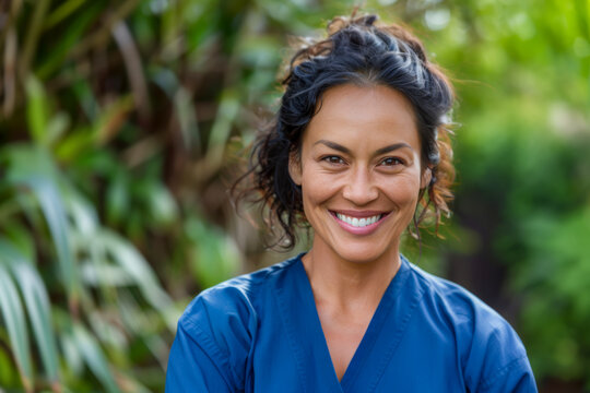 Smiling woman in scrubs posing outdoors.