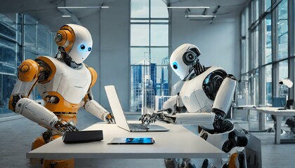 AI robot with laptop, generative AI future concept.
