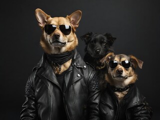 dogs in sunglasses in cool clothes. leather jackets