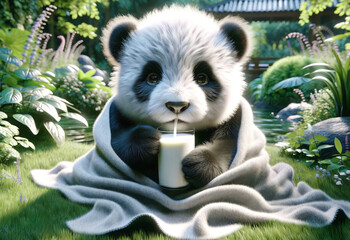 A baby panda wrapped in a blanket sipping from a glass of milk in a serene garden setting with lush...