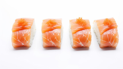 Delicious rolls with salmon, rice, traditional Asian seafood set on a white background