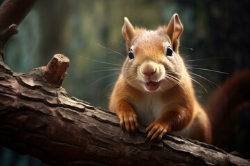 Fototapeta premium Inquisitive Curious squirrel branch nut. Tree animal. Generate Ai