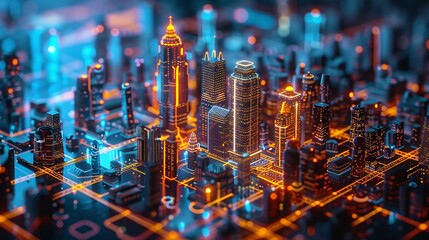 digital twin of city viewed from above, property icons displayed on important city buildings - obrazy, fototapety, plakaty