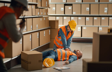 Worker performing CPR emergency procedure on an unconscious person