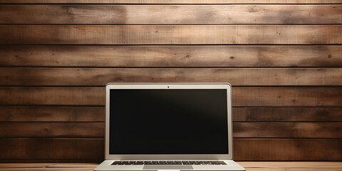 Laptop computer displaying the blank screen, Mac computer on wooden table with wooden background, Workplace with open laptop with black screen on modern wooden desk, wooden background, Generative AI