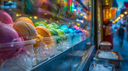 Fototapeta premium Tempting colorful ice cream is neatly arranged in the ice cream shop window. Various choices of flavors and colors look tempting, Ai generated Images