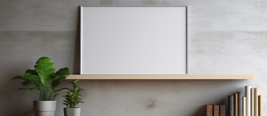 Mockup of blank picture frame above document shelf with folders and plants on concrete wall background.