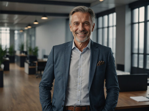 Smiling confident mature businessman looking at camera standing in office. Elegant stylish corporate leader successful ceo executive manager. Generative AI