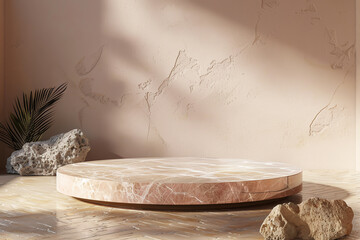 round marble podium with natural stones, background for presentation of natural products, light...