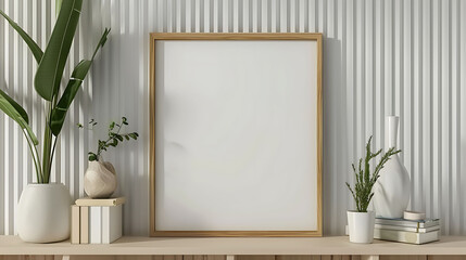 Square shape mockup photo frame bamboo border, on bookcase in modern living room, 3d render