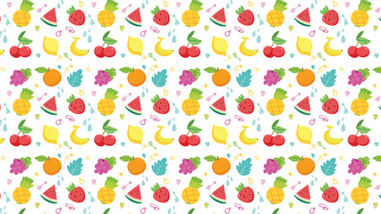 Fruits Seamless Pattern background with watermelon, pineapple, grape, leaf vector illustration