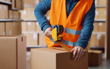 Warehouse employee taping a delivery box