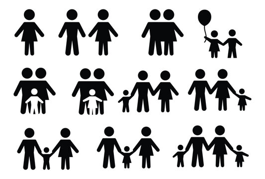 Collect family silhouettes. Set of silhouettes of people. Set of icons in black and white man, woman, father, mother and child vector illustration