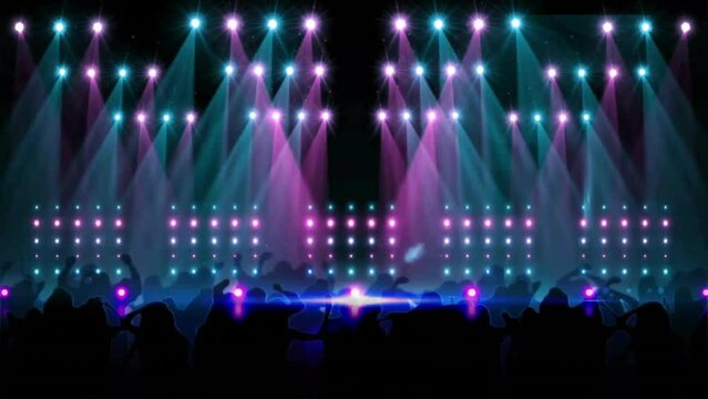 Animation of party text over stage with lights and people dancing