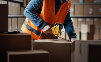 Warehouse employee taping a delivery box