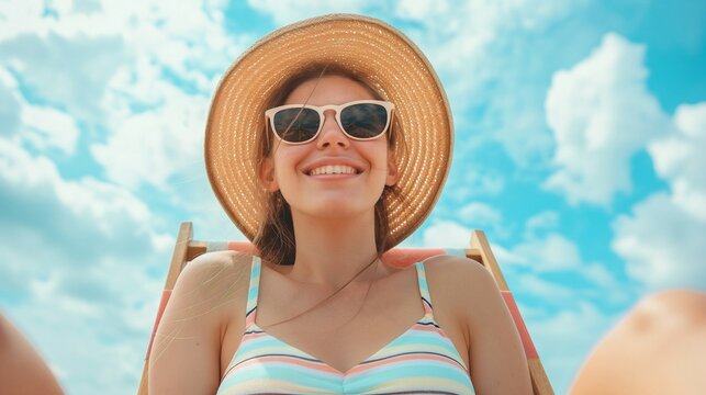 Happy smiling beautiful woman sitting on beach chair. Generative AI
