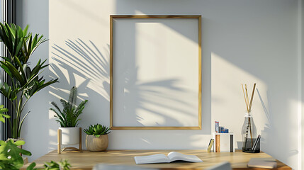 Square shape mockup photo frame bamboo border, on study desk in modern living room, 3d render