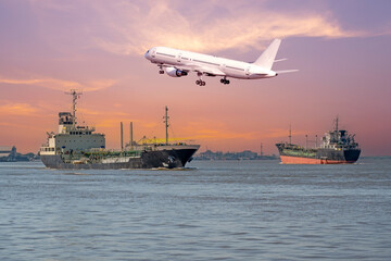 Cargo freight ships and passenger plane landing take off airport in transport for logistic sunset...