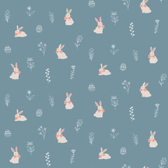 Seamless Easter pattern, bunnies and flowers