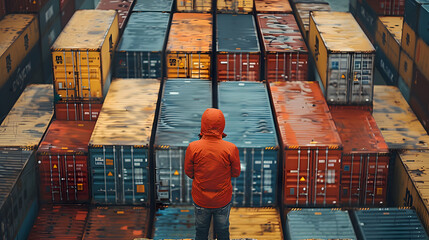 An operator standing at seaport full of cargo container. - obrazy, fototapety, plakaty